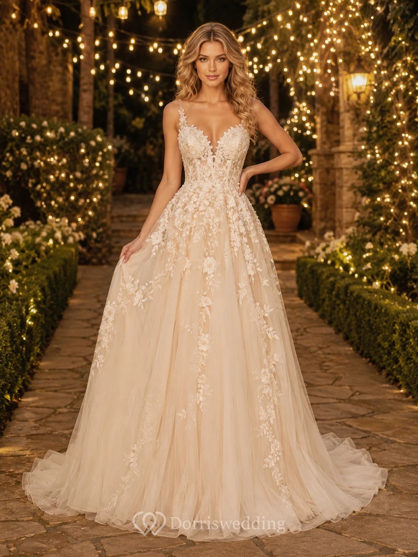 Brautkleid mit Champagner-Blumenapplikationen, Tüll und Lichterketten