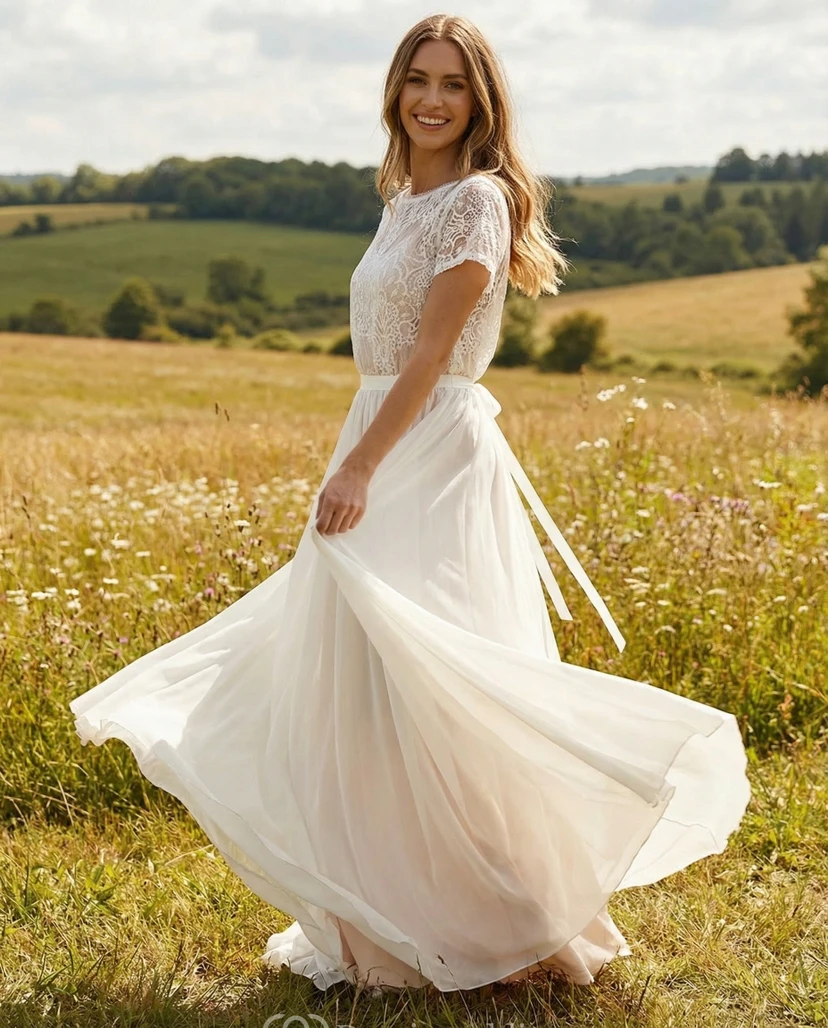 Boho Lace Short Sleeve Wedding Dress with Chiffon Skirt for Country Ceremony view 3