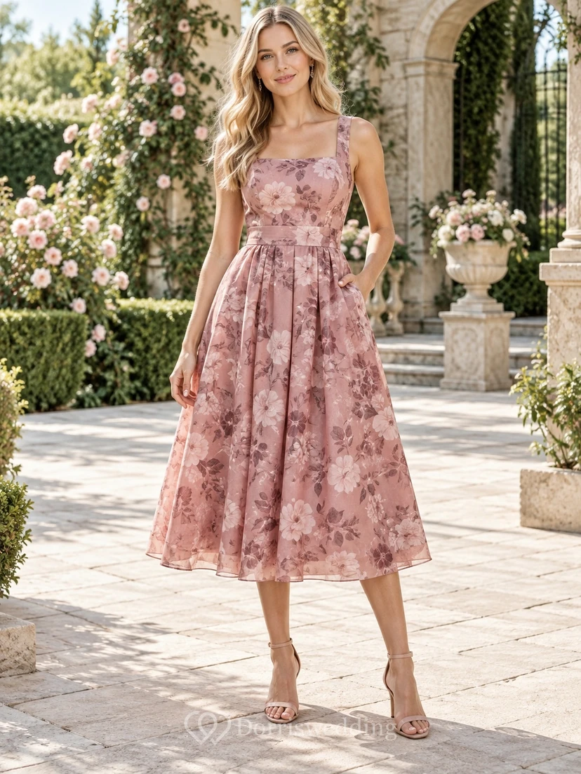 Ärmelloses, teelanges Chiffon-Gästekleid mit eckigem Ausschnitt, Taschen und Blumenmuster in Altrosa.