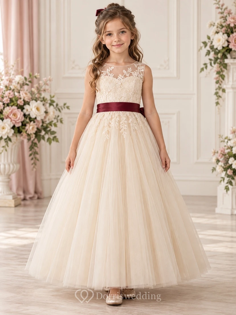 Robe de demoiselle d'honneur ivoire à fleurs, coupe trapèze, sans manches, en tulle, longueur cheville, corsage en dentelle, ceinture bordeaux