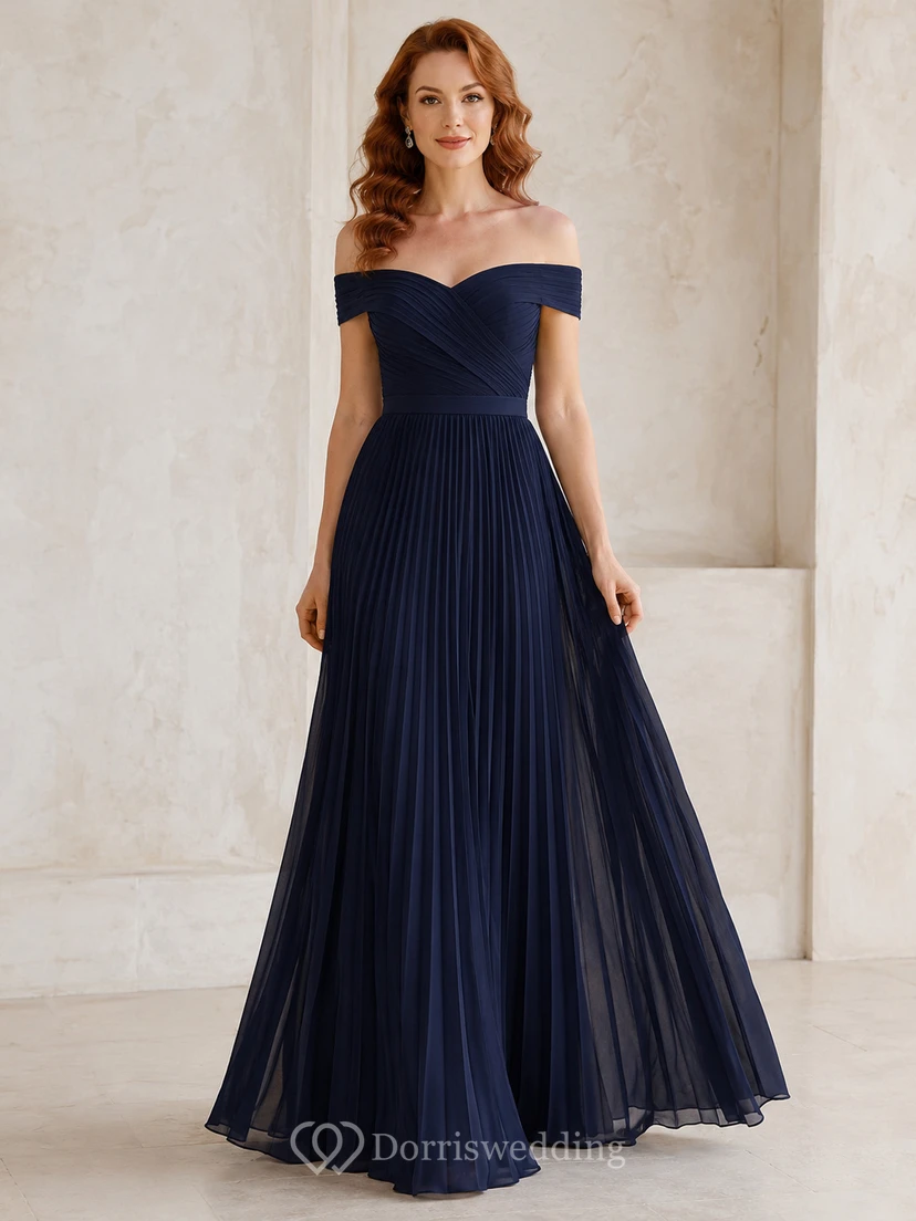 Dark Navy Off Shoulder Pleated Chiffon Formal Dress