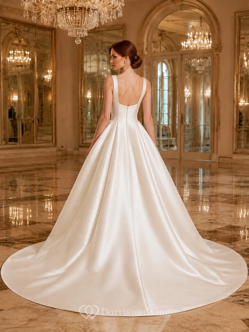 Vestido de novia minimalista de satén, estilo princesa, con escote cuadrado, sin mangas y cola de corte. view 2