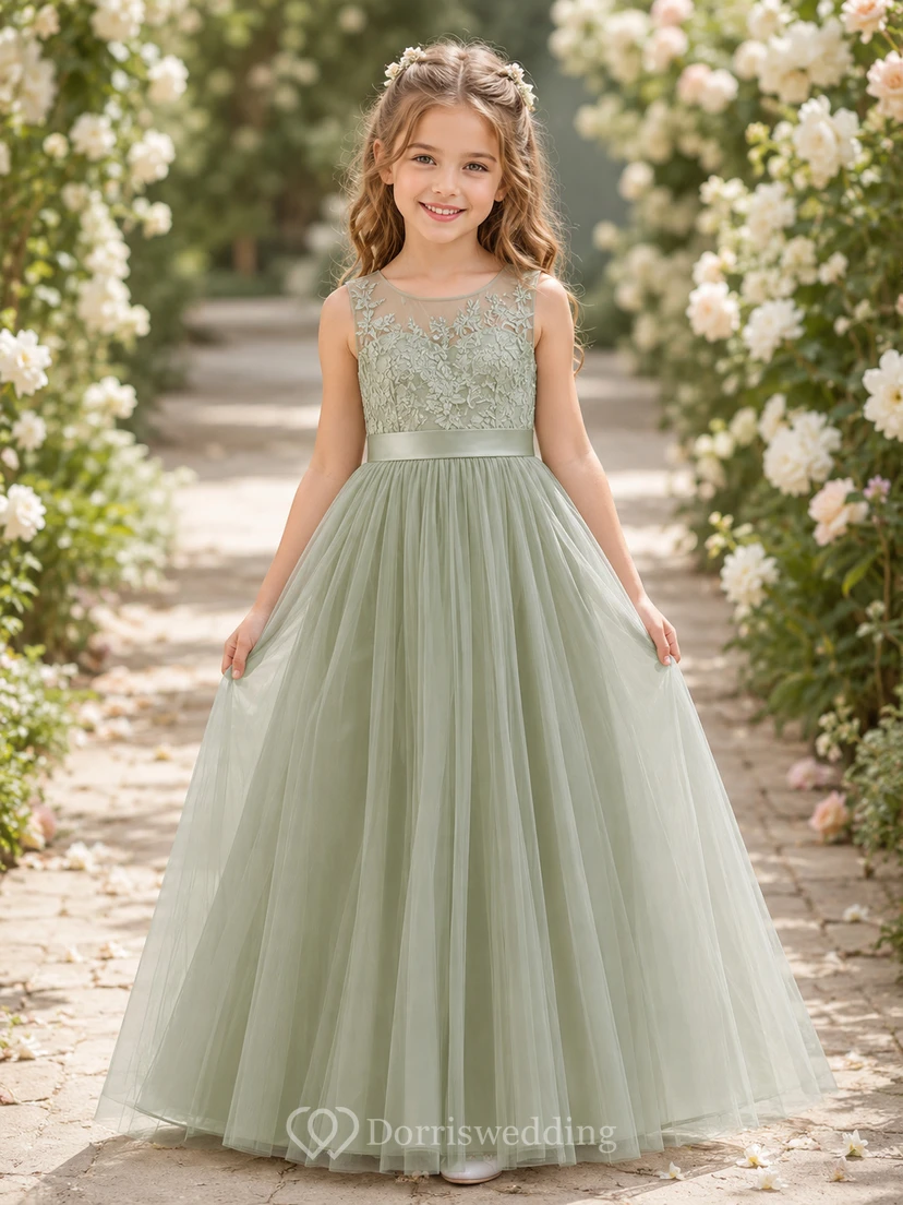 Flower Girl Dress Sage Lace Tulle A-Line Jewel Neck Floor Length