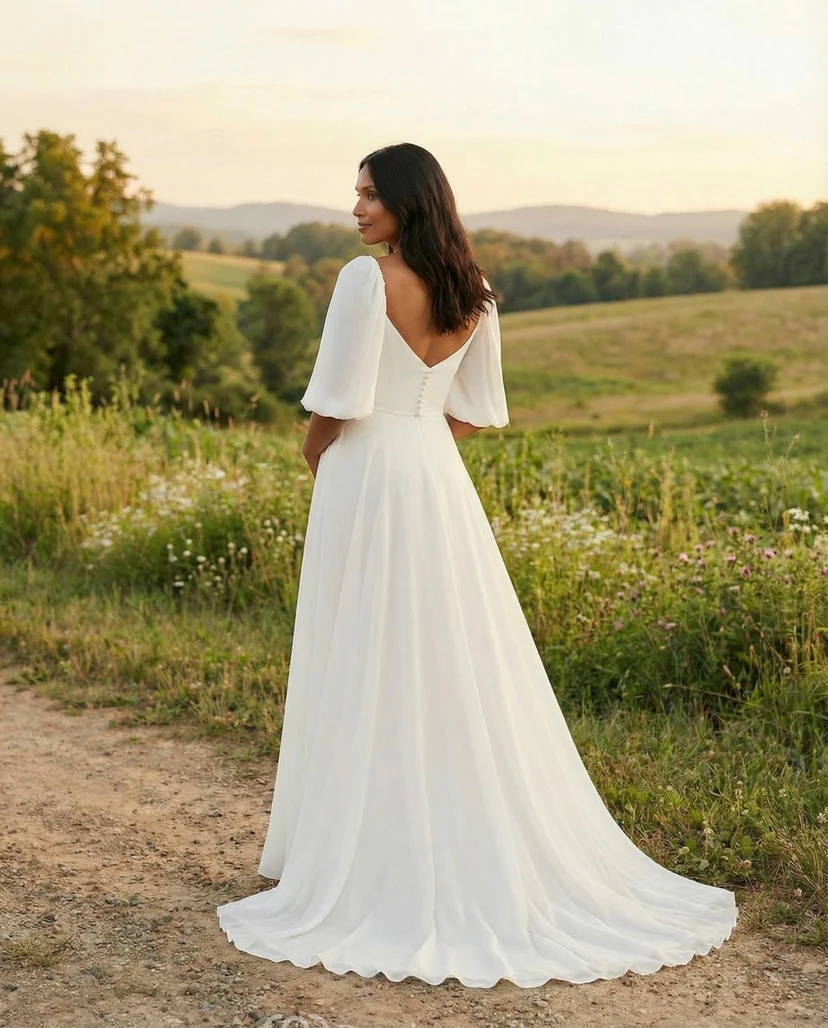 White Puff Sleeve Maternity Wedding Dress with V Neck view 2