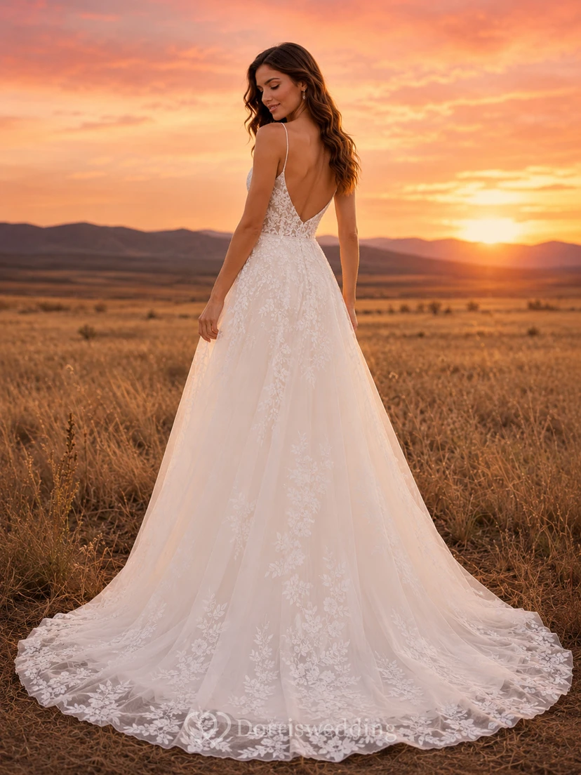 Robe de mariée champêtre en tulle, coupe trapèze, bretelles spaghetti et traîne chapelle view 2