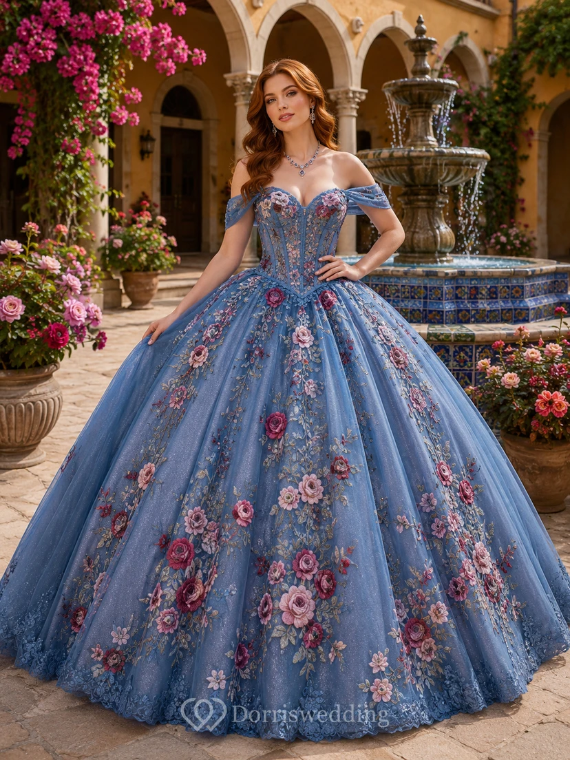 Vestido de fiesta formal de princesa para quinceañera, estilo Hacienda, color azul acero, hombros descubiertos, encaje rosa.