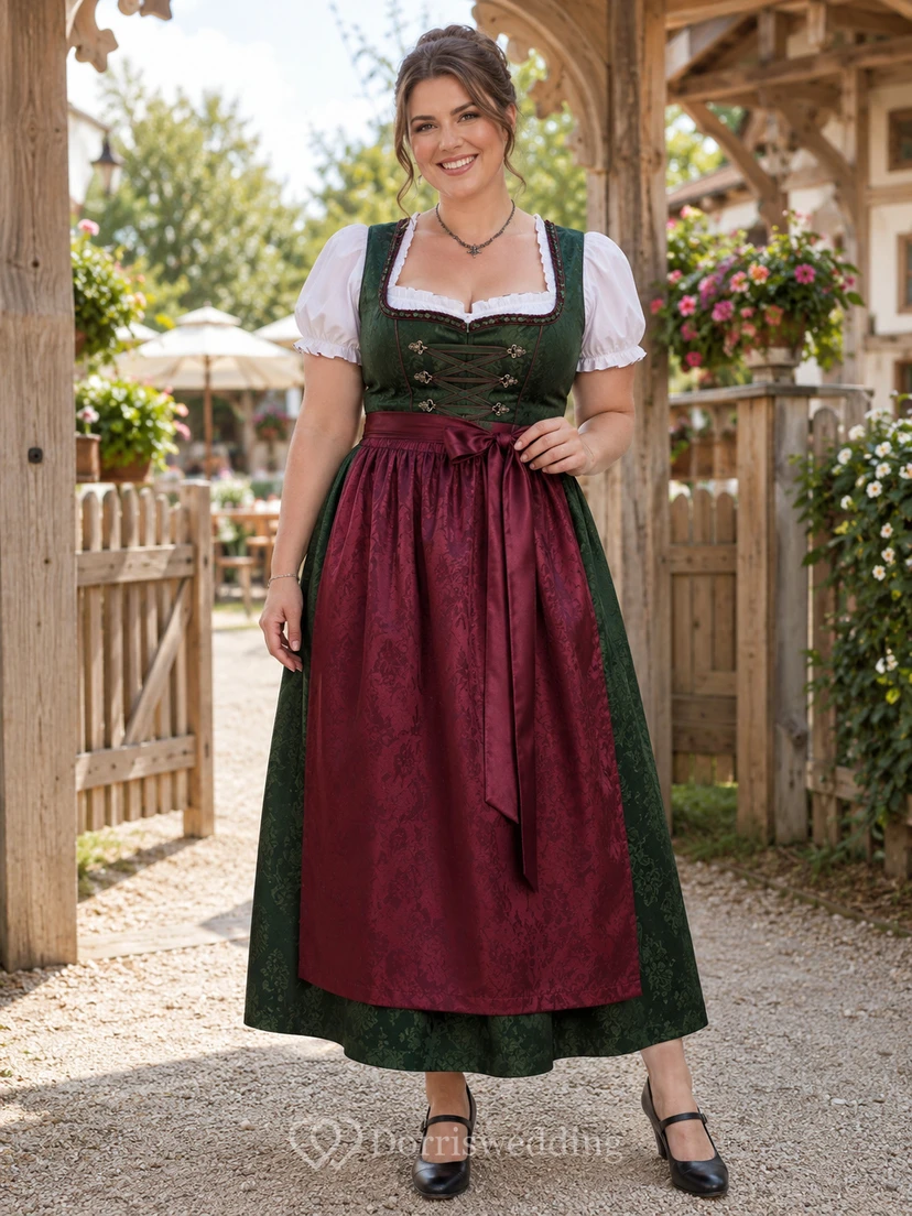 Dirndl jacquard verde oscuro de talla grande, largo hasta la rodilla, mangas abullonadas, delantal burdeos