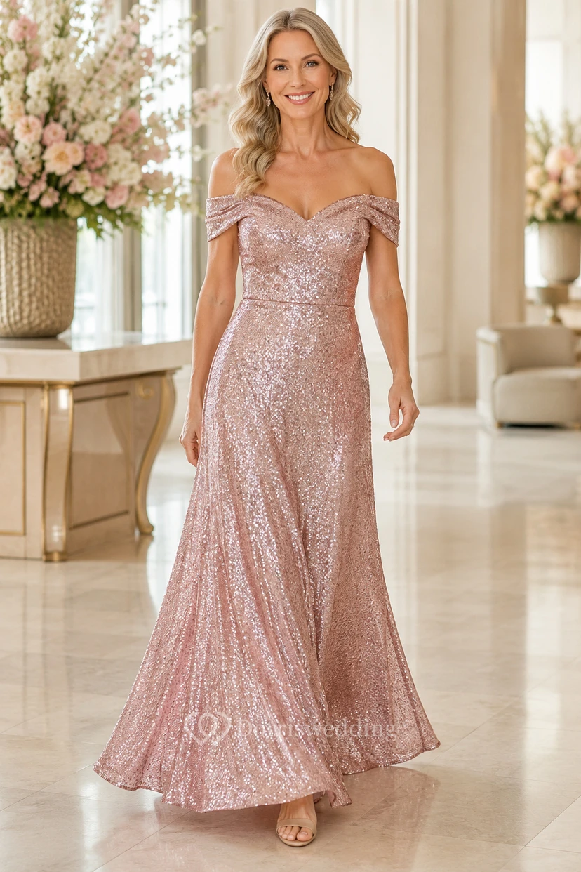 Roségoldenes, paillettenbesetztes schulterfreies A-Linien-Kleid für Mütter
