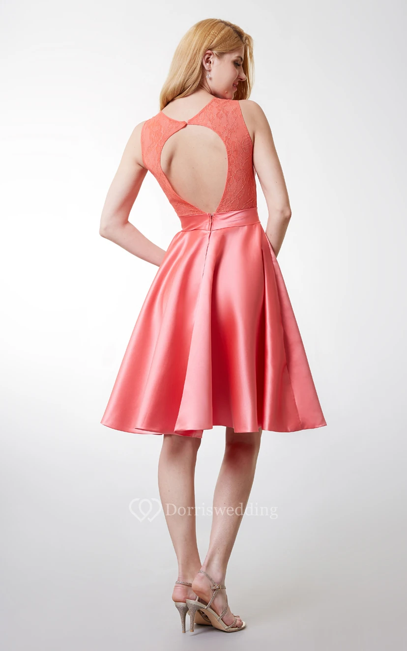 Elegant Bateau Neck Pleated Short Satin Dress With Lace Keyhole Back view 3
