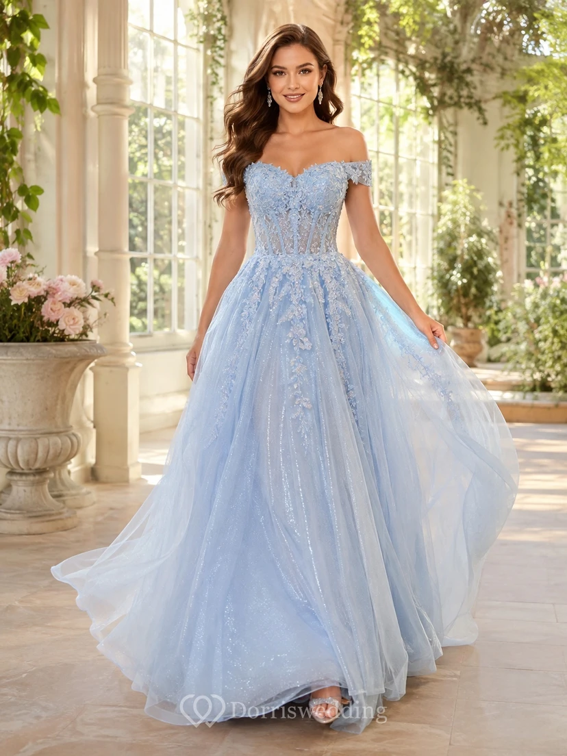 Luxury Sky Blue Off-Shoulder Beaded Lace Tulle Ball Gown Sweep Train Prom Dress