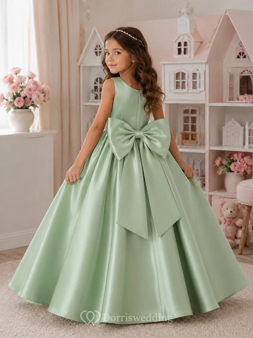 Robe de demoiselle d'honneur en satin sauge, coupe trapèze, col rond, longueur midi, détail nœud. view 2