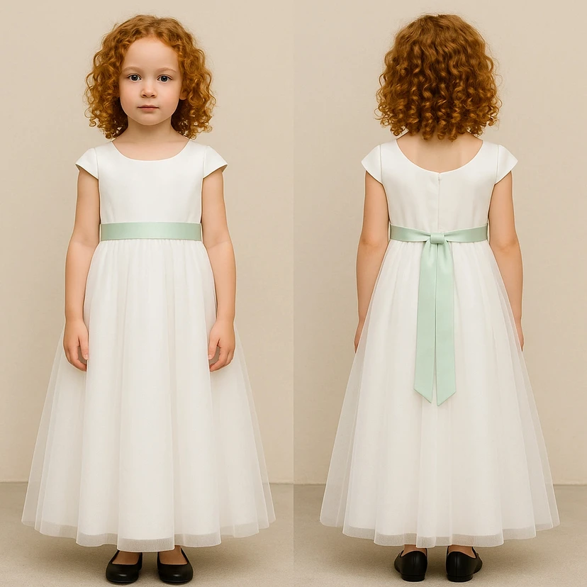 Scoop-neck Cap White Ankle-length Flowergirl Dress view 3