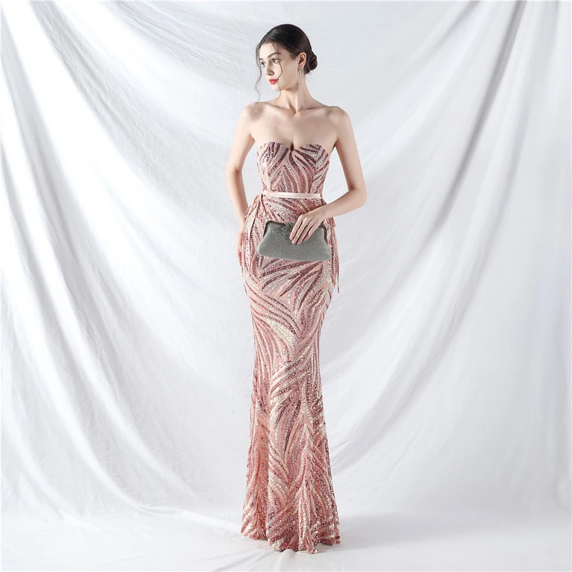 Vestido de noche con tirantes, top tipo tubo y lentejuelas apiladas encriptadas, con método de doble atado de cuerda. view 34