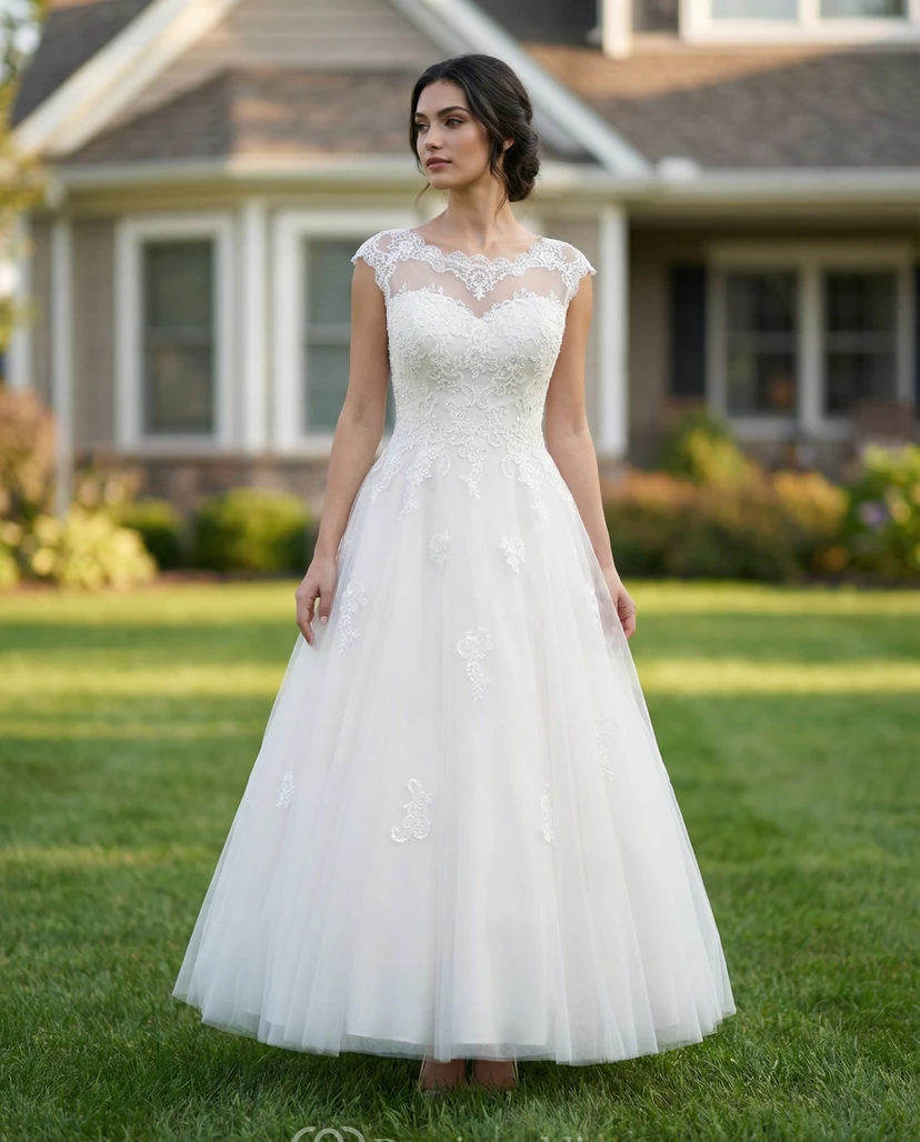 Plus Size Tea-Length Lace & Tulle Wedding Dress view 3