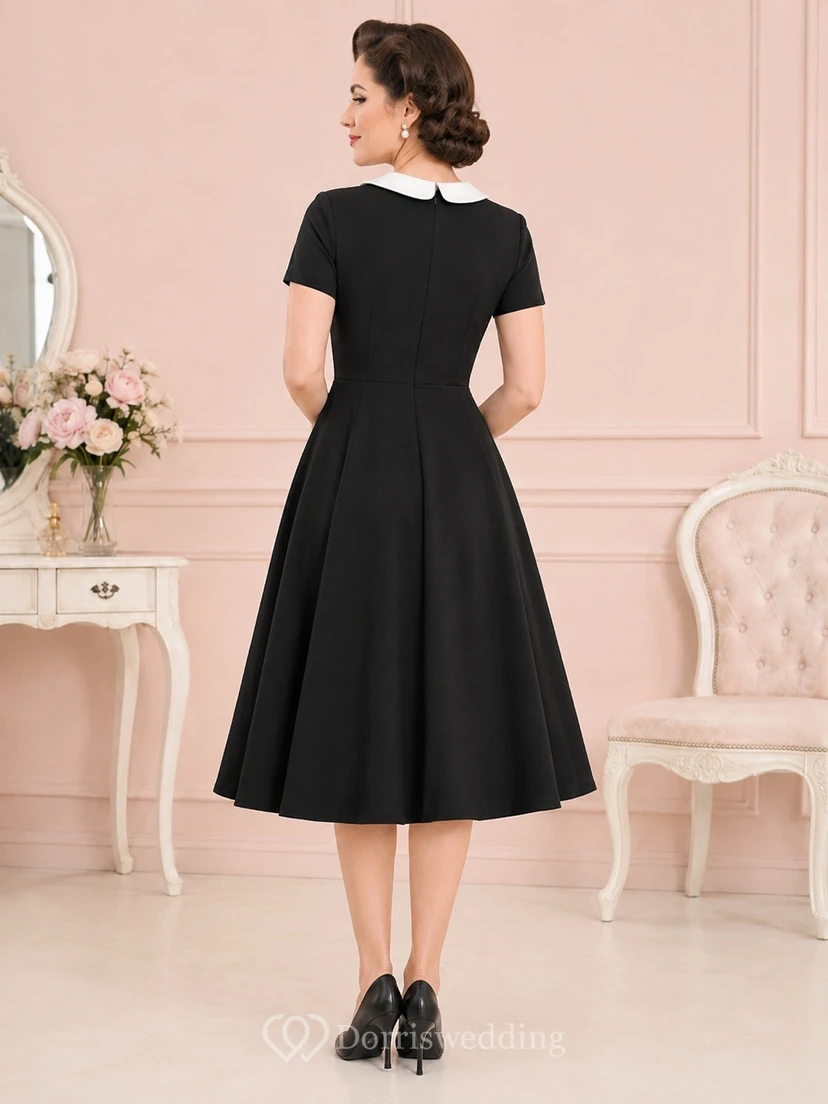 Vintage Black Jewel Neck Short Sleeve Contrast Collar A-Line Tea-Length 1950s Dress view 2