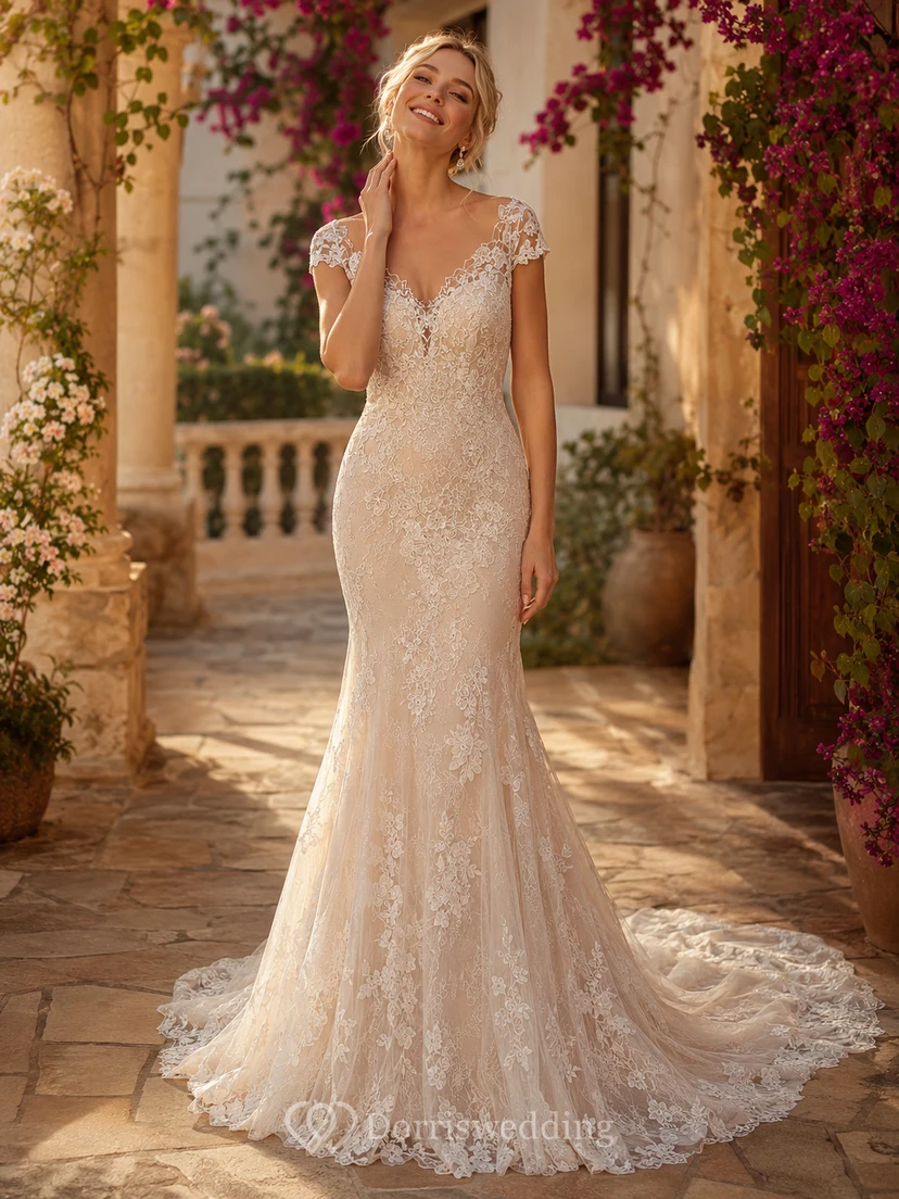 Robe de mariée sirène en dentelle à manches courtes et traîne festonnée