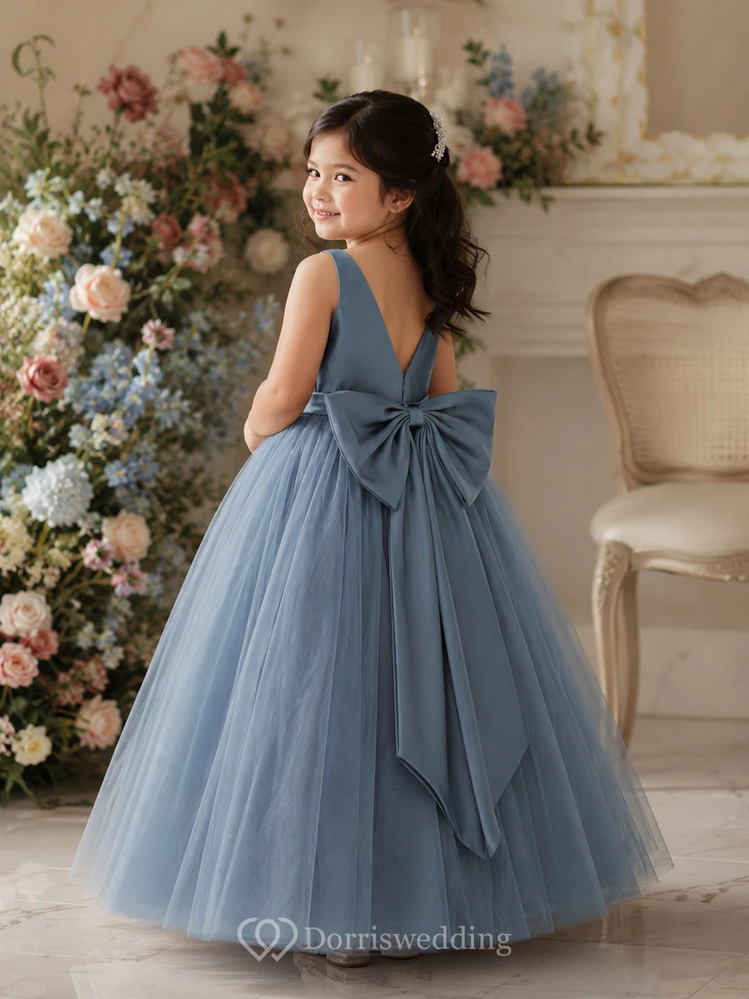Water Melon V-neck Sleeveless A-line Tulle Pleated Flowergirl Dress view 4