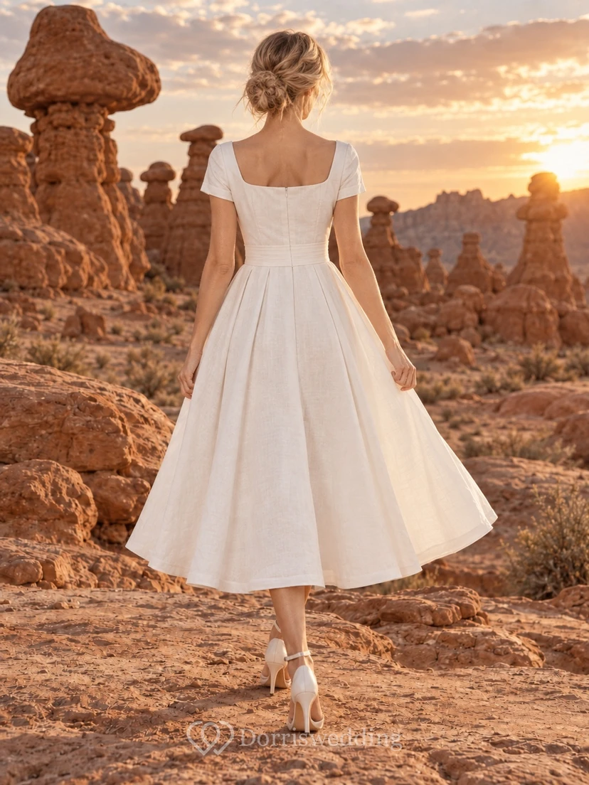 Vestido de novia vintage de corte A, largo hasta la rodilla, de lino, con cuello cuadrado y mangas cortas view 2