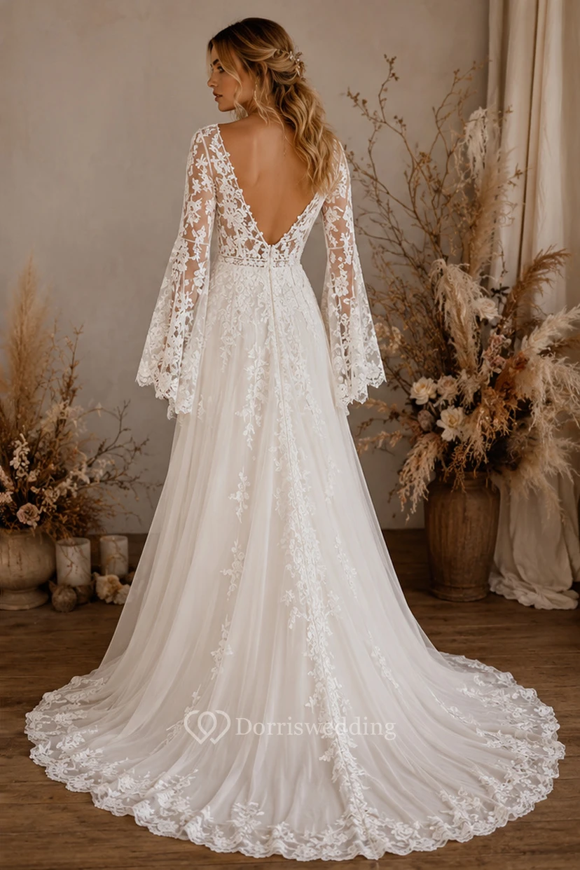 Boho Lace Wedding Dress with Deep V-Neck, Long Bell Sleeves & Flowing A-Line Bridal Train view 2
