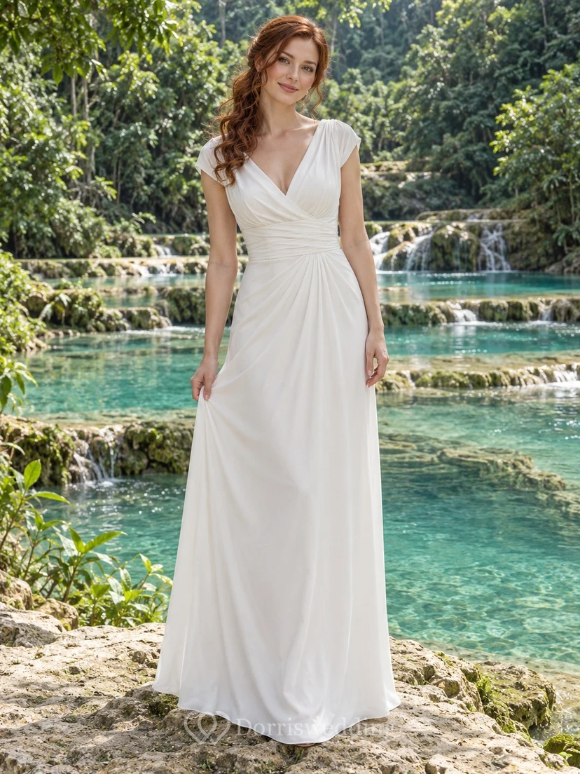 Schlichtes Brautkleid aus Crêpe mit V-Ausschnitt, kurzen Ärmeln, geraffter Taille und A-Linien-Rock