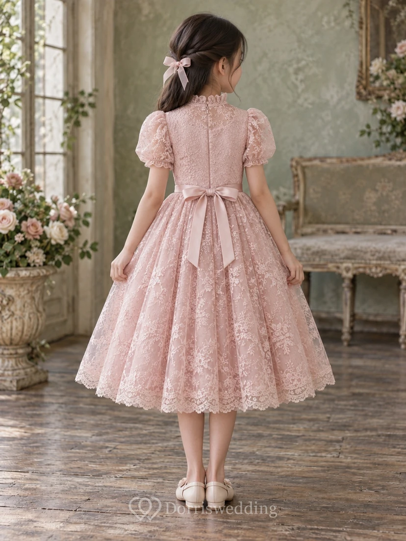Tea-length High Neck Pink Floral A-Line Lace Puff-Sleeve Button-Front Flowergirl Dress view 2