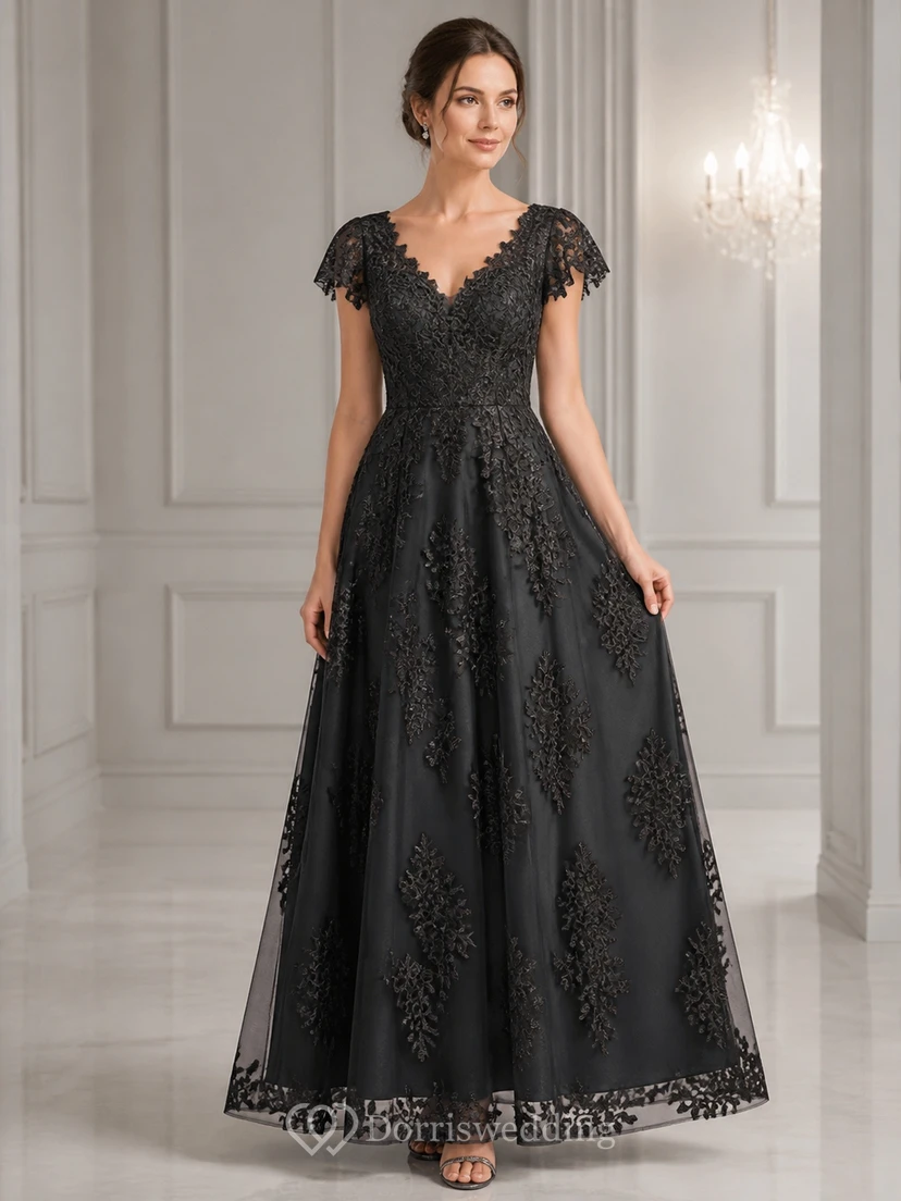 Black Vintage Luxury Lace Cap Sleeve Ball Gown Mother Dress