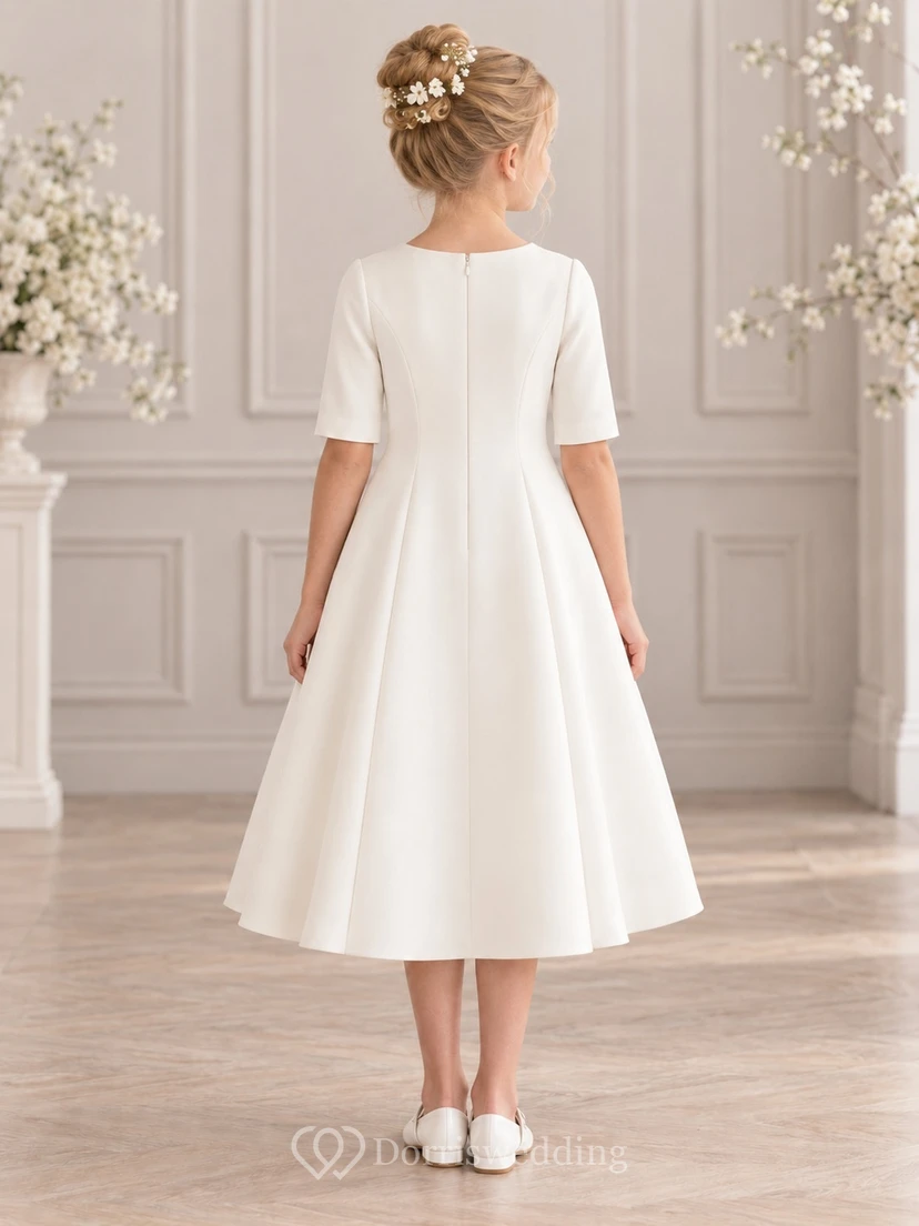 Modest Simple Tea-length Ivory Paneled Skirt Flower Girl Dress view 2
