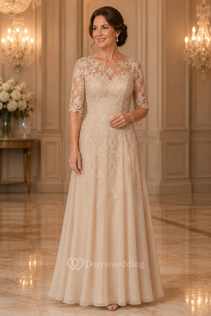 MOB Dress Champagne Chiffon Lace A-Line 3/4 Sleeve Bateau Neck Floor Length