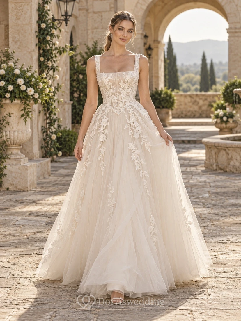 Robe de mariée trapèze en tulle à encolure carrée, ornée d'appliqués floraux et d'une traîne, avec col carré et traîne.