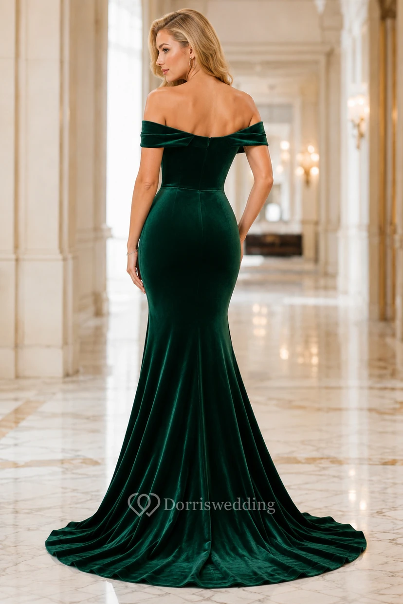 Evening Gown Dark Green Velvet Mermaid Off Shoulder Short Sleeve Ruched Sweep Train view 2