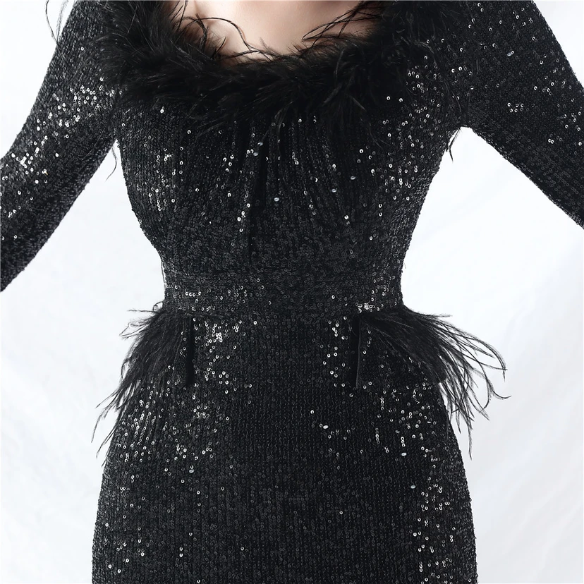 Craft-Made Ostrich Feather Long-Sleeved Beads Evening Dress view 21