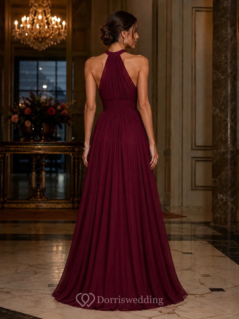 Burgundy Halter Chiffon A-Line Formal Gown view 2