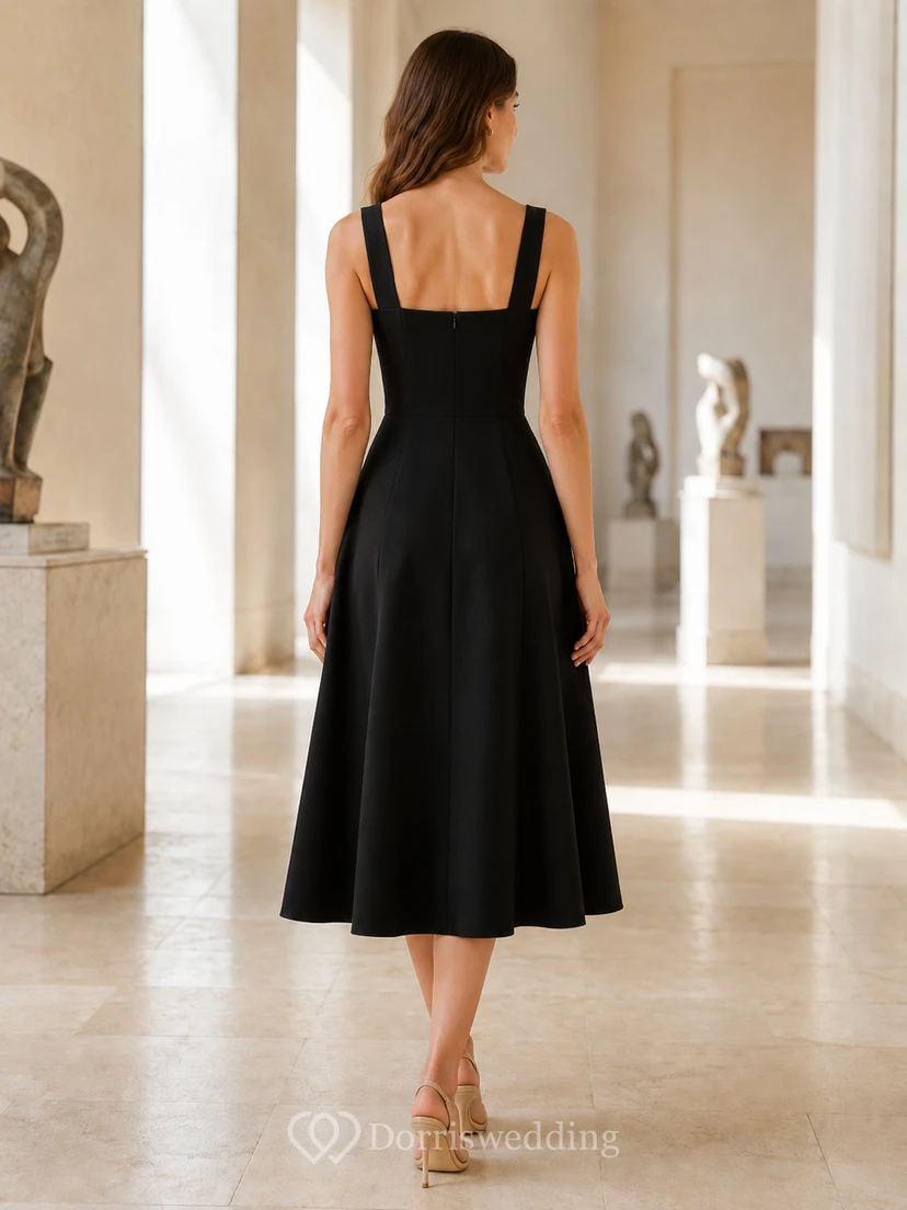 Black Square Neck Wide Strap A Line Gallery Midi Dress view 2