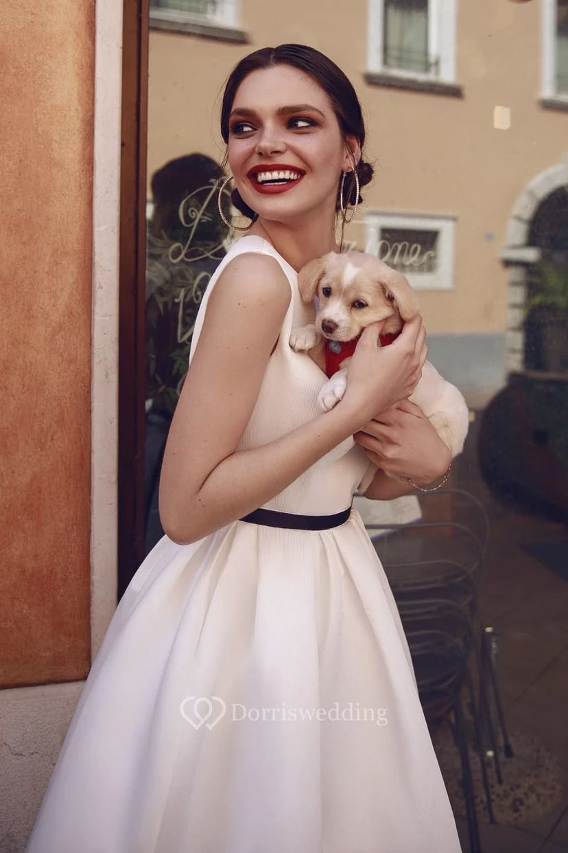 Sleeveless Tea-length Vintage Satin Wedding Dress With Keyhole Back And Ruching Details view 3