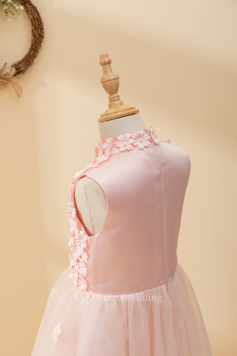 Adorable Jewel Sleeveless Tulle A-line Flowergirl Dress with Petal Top view 10