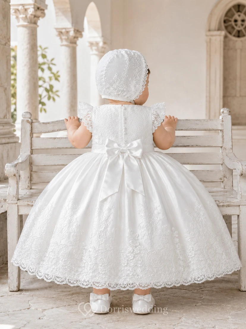 Luxury Baby Christening A-Line Short Sleeve Satin Lace Dress view 2