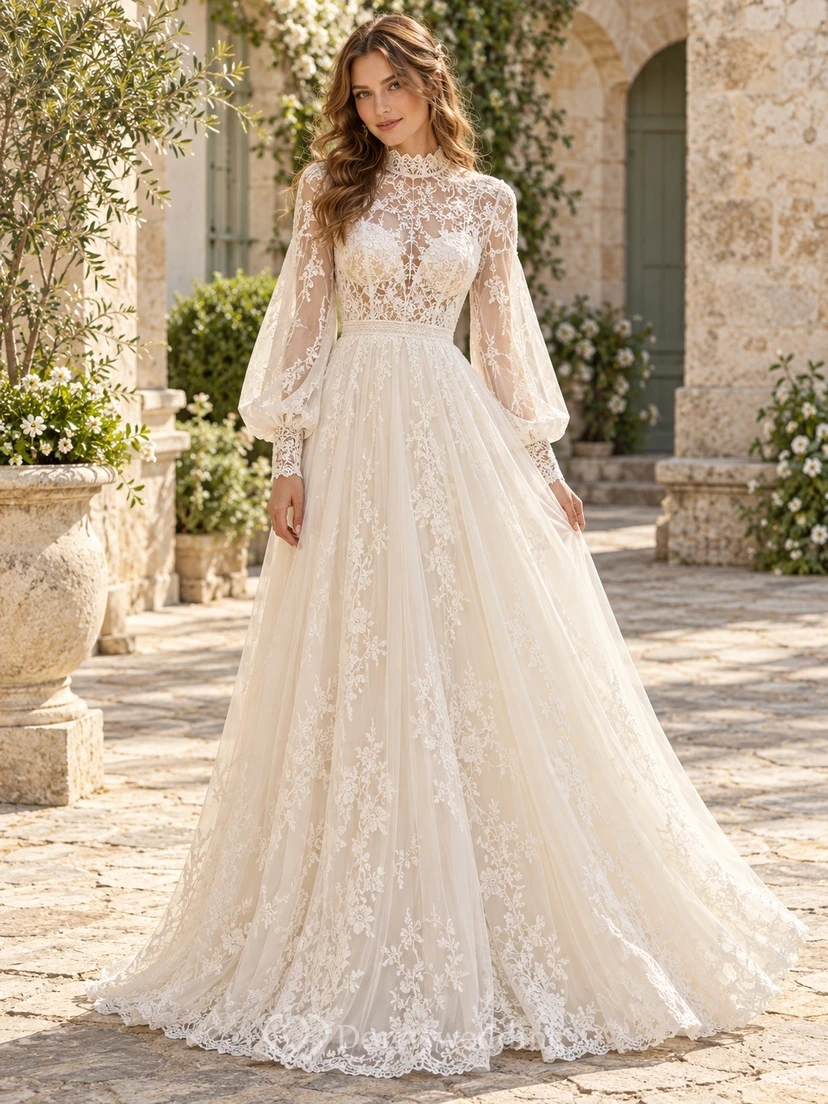High Neck Long Poet Sleeve Lace Tulle A-Line Wedding Dress