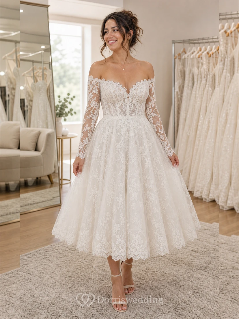 Boho-Brautkleid in Teelänge mit schulterfreiem Ausschnitt, langen Spitzenärmeln und voluminösem, floralem Spitzen-Midirock view 6