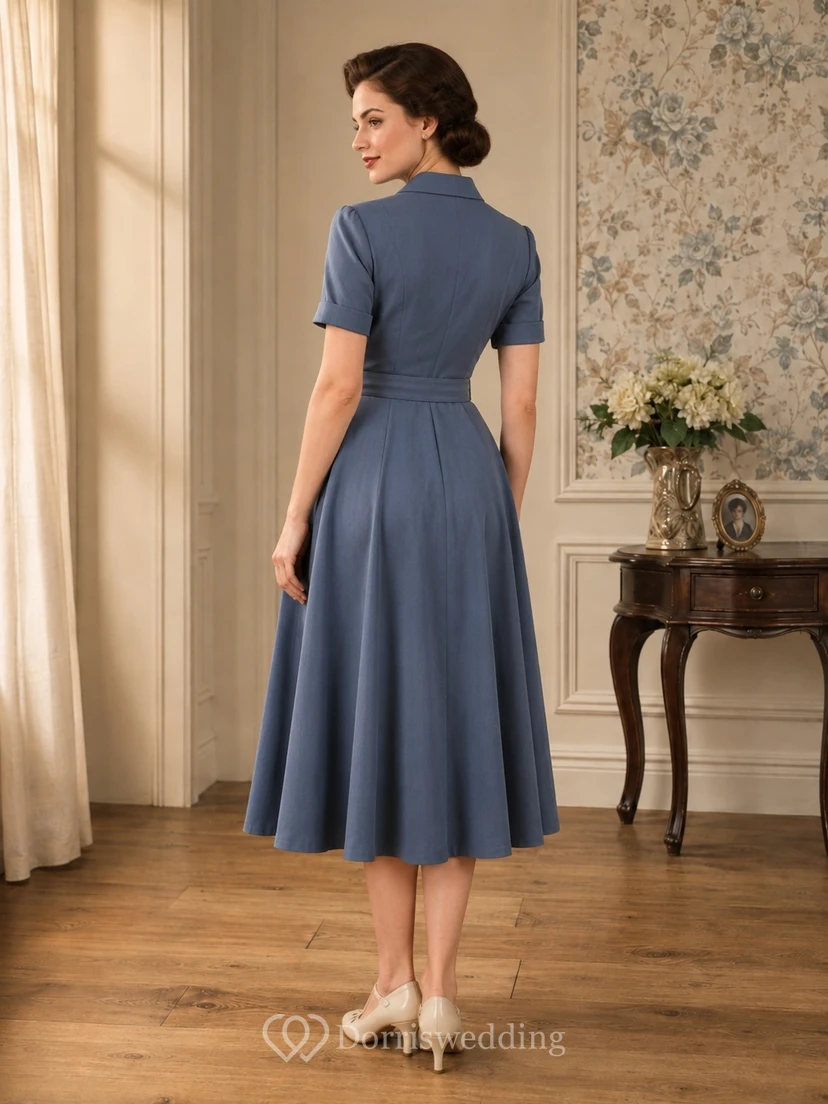 Schieferblaues, dreiviertelärmeliges A-Linien-Kleid mit Kragen view 2