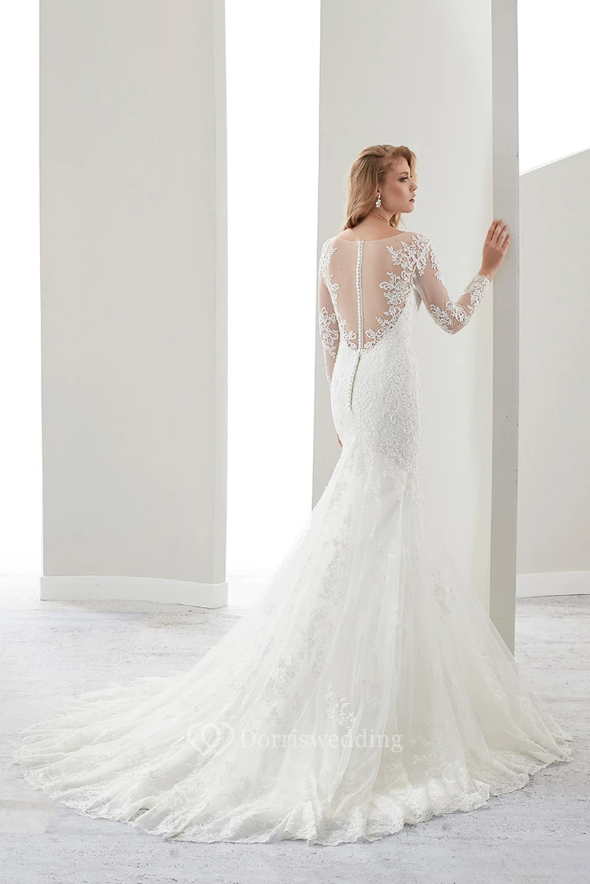 Illusion Long-Sleeve Jewel-Neck Sheath Lace Gown With Crush Train view 2