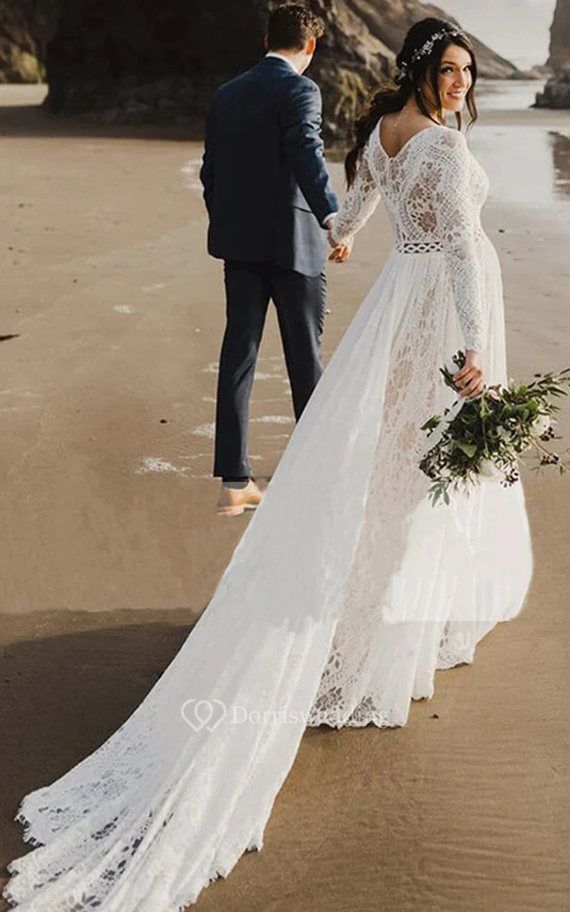 Vestido de novia sencillo de manga larga y modesto | Vestido de novia bohemio de encaje para ceremonia civil view 2
