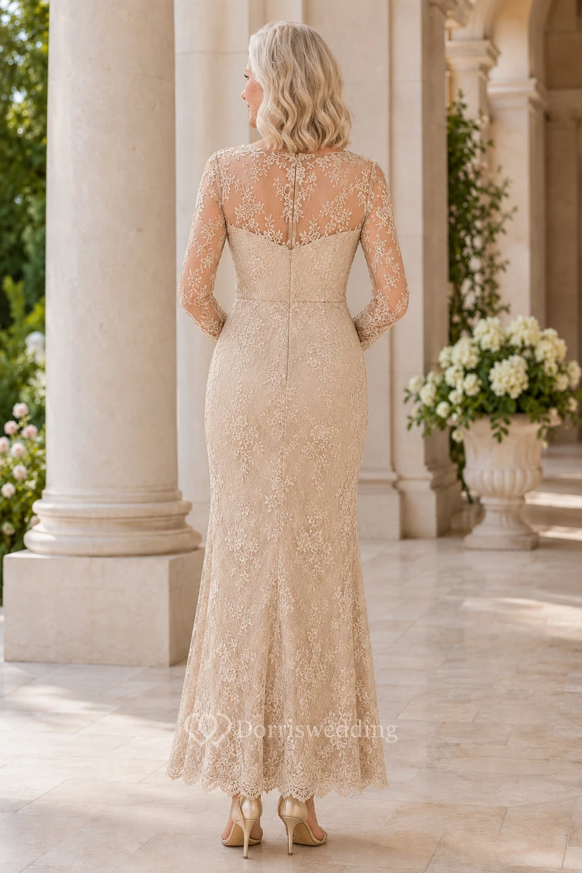 Robe fourreau mi-longue en dentelle illusion champagne pour la mère view 2