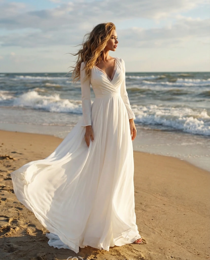 Boho-Brautkleid mit langen Ärmeln und fließendem Rock