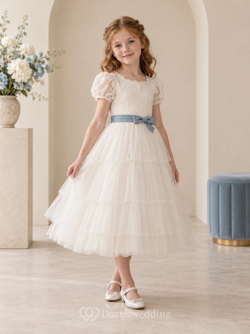 Tea-length Ivory A-line Lace Tulle Puff-sleeve Blue-sash Tiered Flower Girl Dress