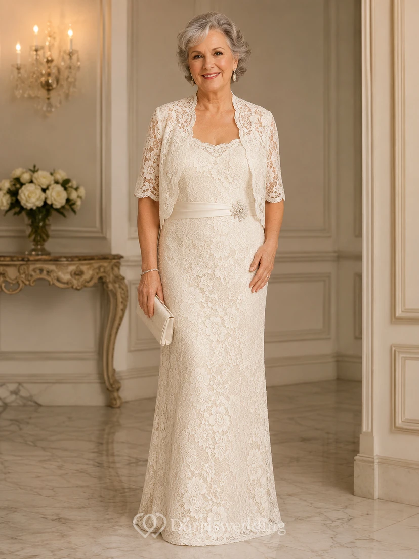 Chaqueta de encaje hasta el suelo para la madre de la novia. Vestido de novia para novias mayores.