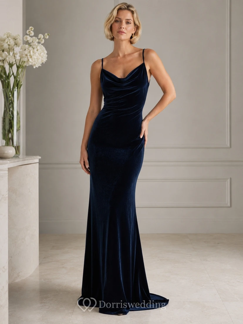 Navy Satin Cowl Neck Sleeveless Mermaid Floor-length Formal Gown