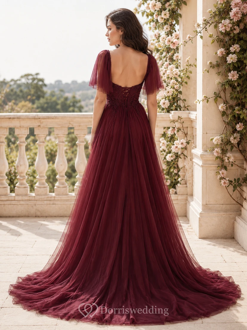 Romantisches burgunderrotes schulterfreies Tüllkleid in A-Linie view 2