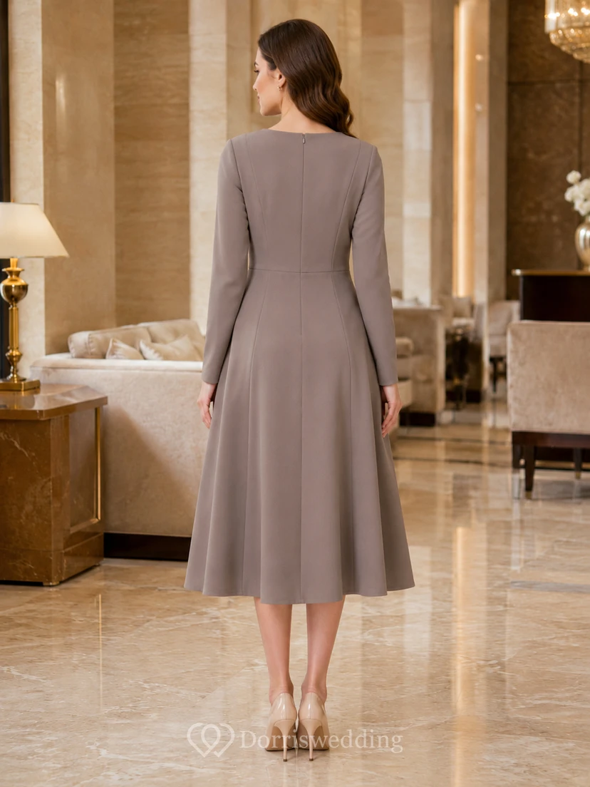 Taupe Long Sleeve Bateau Neck Conservative Occasion Midi Dress view 2