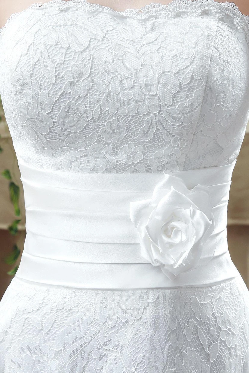 Delicate Lace Flower Strapless Tea Length Wedding Dress A-line Sleeveless Lace-up view 2