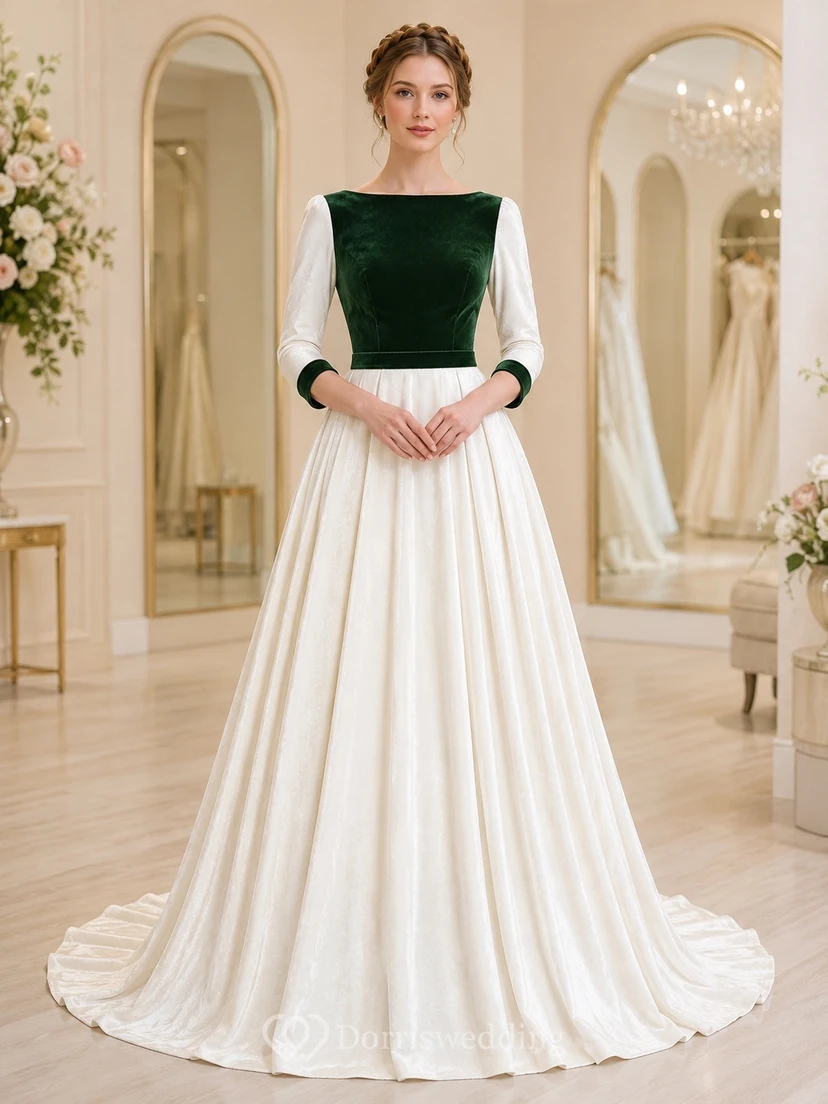 Elegantes Brautkleid aus smaragdgrünem Samt in A-Linie mit Schmucksteinen, langen Ärmeln und Schleppe